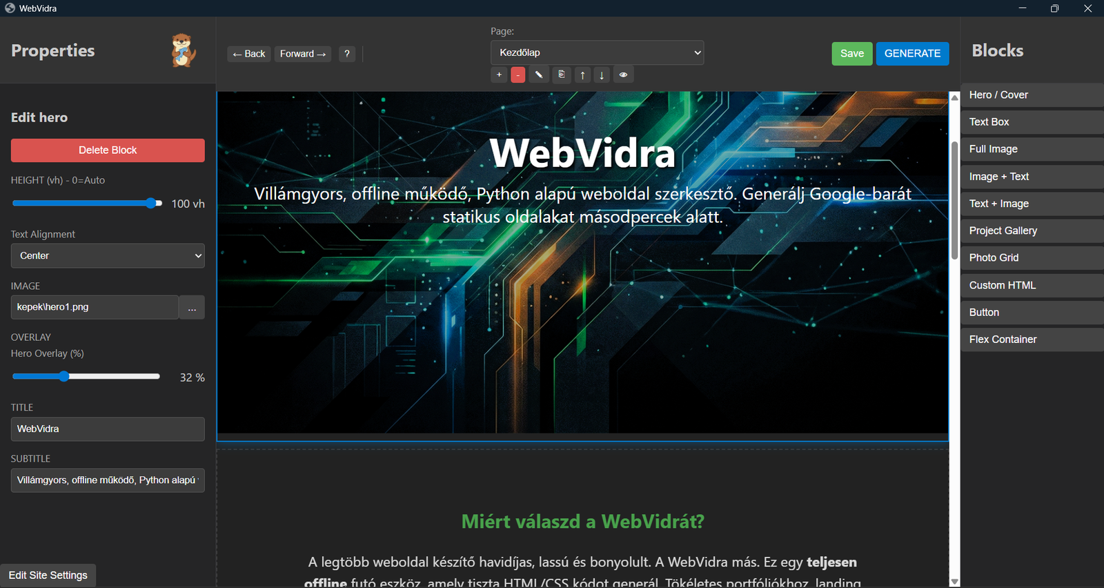WebVidra weboldalszerkesztő - beépített AI